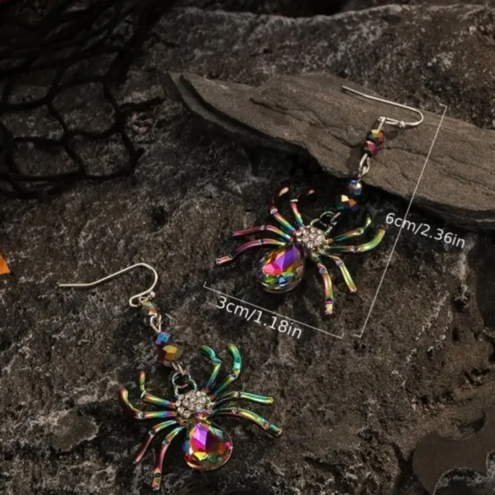NWT! Halloween Holiday Multicolored Shimmer Pierced Dangle Spider Earrings!
